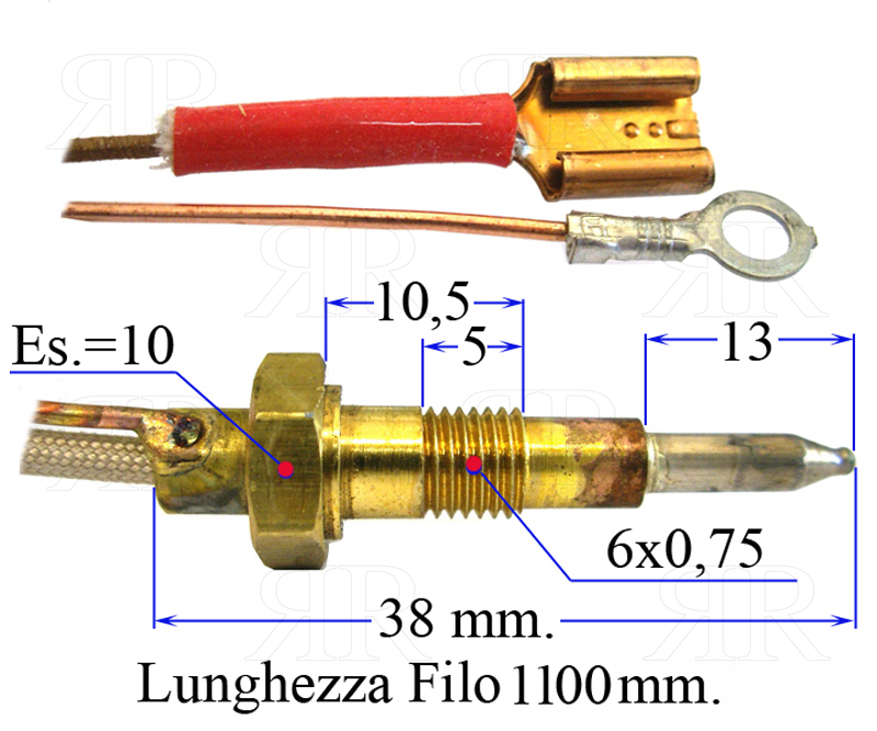 Termocoppia Filetto 6 X 0,75 con Innesto Fast On Lunga 1100 mm.